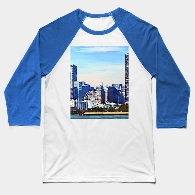 Chicago IL - Chicago Skyline and Navy Pier Baseball T-Shirt by SusanSavad